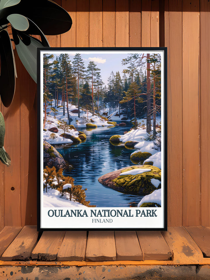 Experience the awe inspiring Oulanka River and Kiutakongas Rapids through this exquisite poster. The artwork captures the powerful energy of the rapids and the serene ambiance of the riverbanks, making it a must have for nature lovers and art collectors alike.