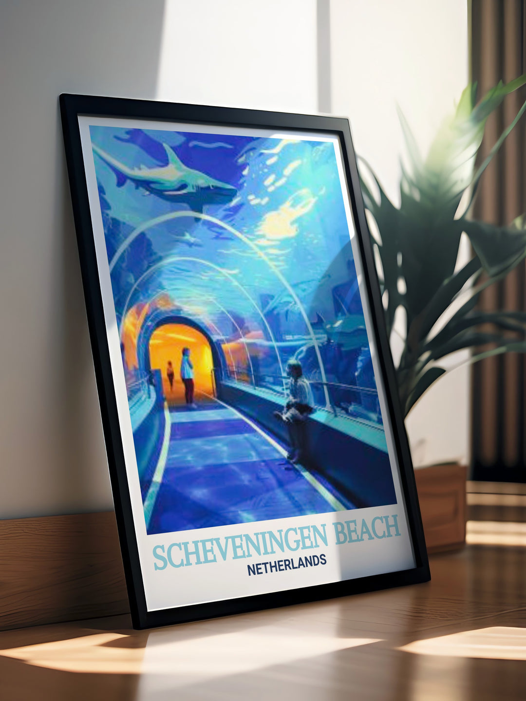 A vibrant wall art piece featuring Scheveningen Beach and SEA LIFE Scheveningen, Netherlands, perfect for adding a touch of coastal charm and marine wonder to your home decor.