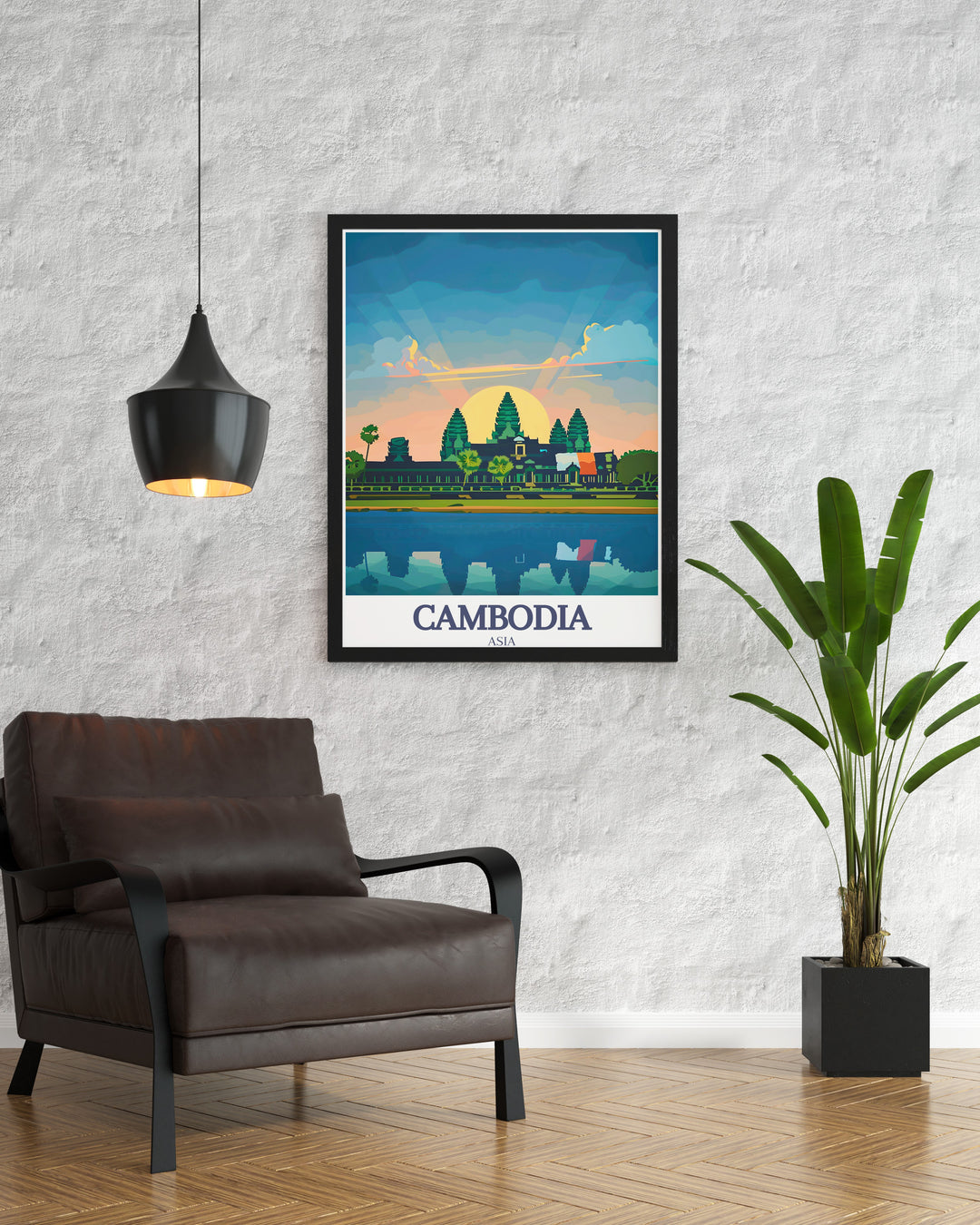 Enhance your decor with this Angkor Wat Khmer travel poster. Featuring the stunning Siem Reap landmark, this piece is perfect for history enthusiasts and art lovers alike. The detailed illustration captures the ancient temples architectural brilliance.