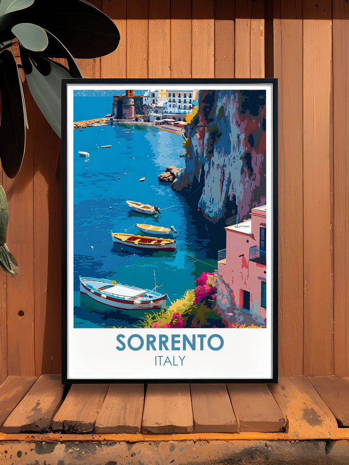 Italy wall art showcasing Marina Grande mountain and Sorrentos picturesque harbor with charming waterfront buildings. This Sorrento art print brings the beauty of Italy into your home adding a touch of elegance and culture to any room perfect for living room or bedroom.