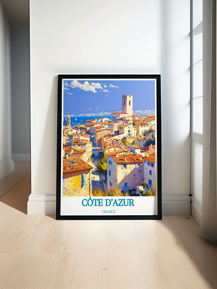 Travel poster of the Côte dAzur, France, highlighting the breathtaking beauty of Antibes Old Town. The detailed illustration captures the picturesque streets, historic architecture, and azure waters, inviting you to explore Frances coastal paradise.