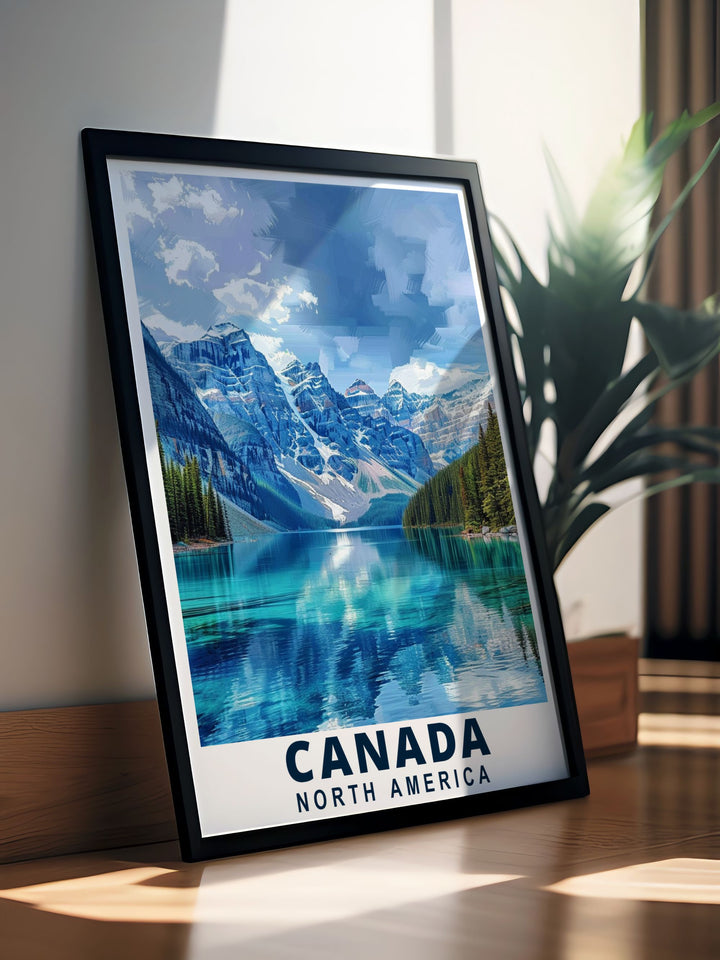 The captivating blend of nature in Banff National Park and the turquoise waters of Lake Louise is beautifully illustrated in this poster, making it a stunning addition to any wall art collection celebrating Canada.