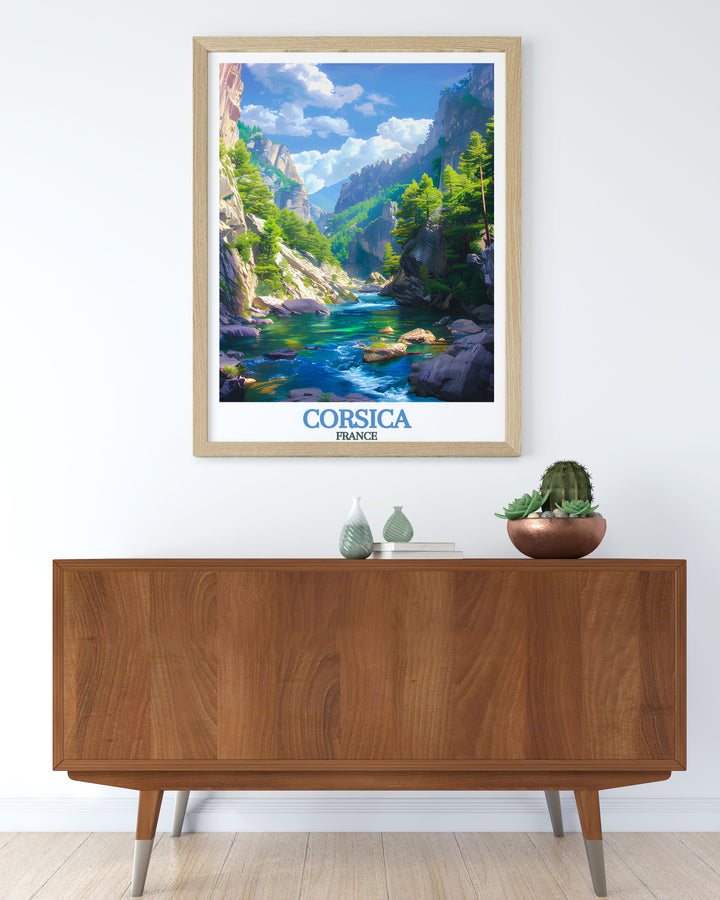 Stunning Restonica Gorge travel poster showcasing the dramatic cliffs lush greenery and clear waters of Corsica France ideal for art collectors and those who love fine art prints perfect for adding elegance to your living room decor
