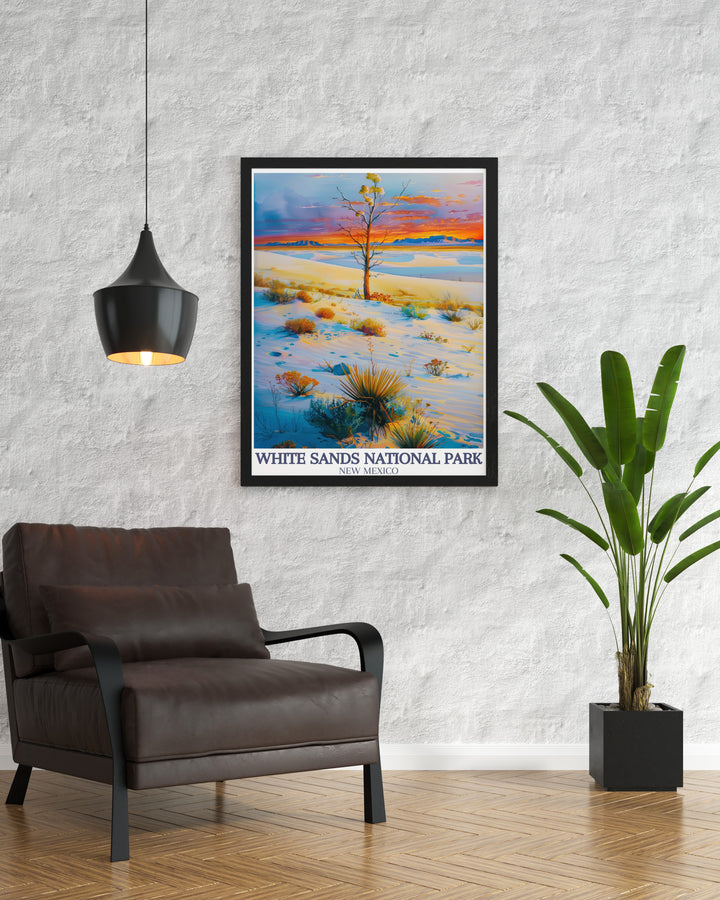 White Sands National Park print highlighting the beauty of the San Andres Mountains and the Chihuahuan Desert perfect for travel lovers and those seeking unique and modern art decor for their living space a stunning piece of wall art.