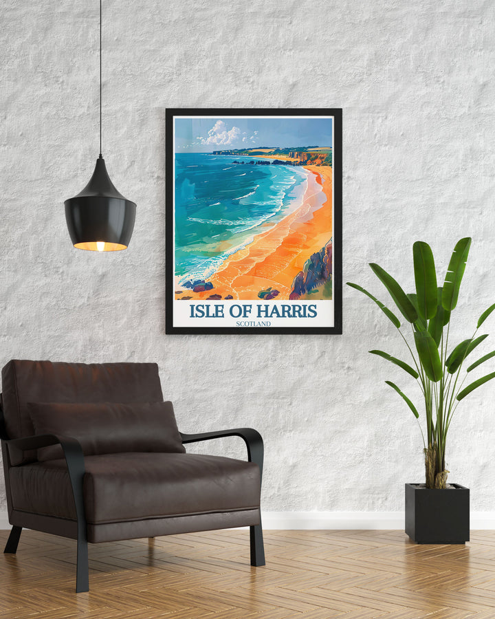 The Outer Hebrides depicted in this beautiful canvas art, showcasing the breathtaking scenery of the Isle of Harris. This piece captures the dramatic contrasts of land and sea, making it perfect for anyone who appreciates Scotlands wild landscapes.