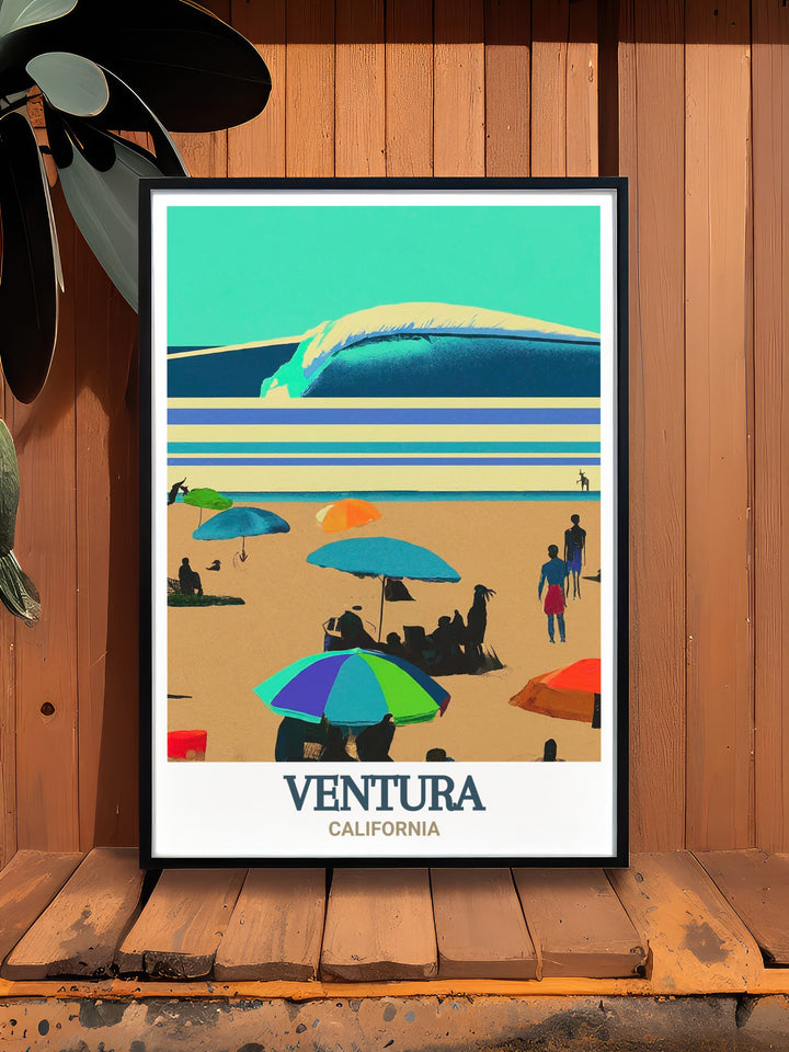 This fine line print of Surfers Point at Seaside Park captures the spirit of Venturas vibrant surf scene. The matted black and white artwork features a detailed street map of Ventura County, connecting the viewer to the place where land and sea meet. Ideal for home decor or as a gift for those who appreciate Californias coastal charm.