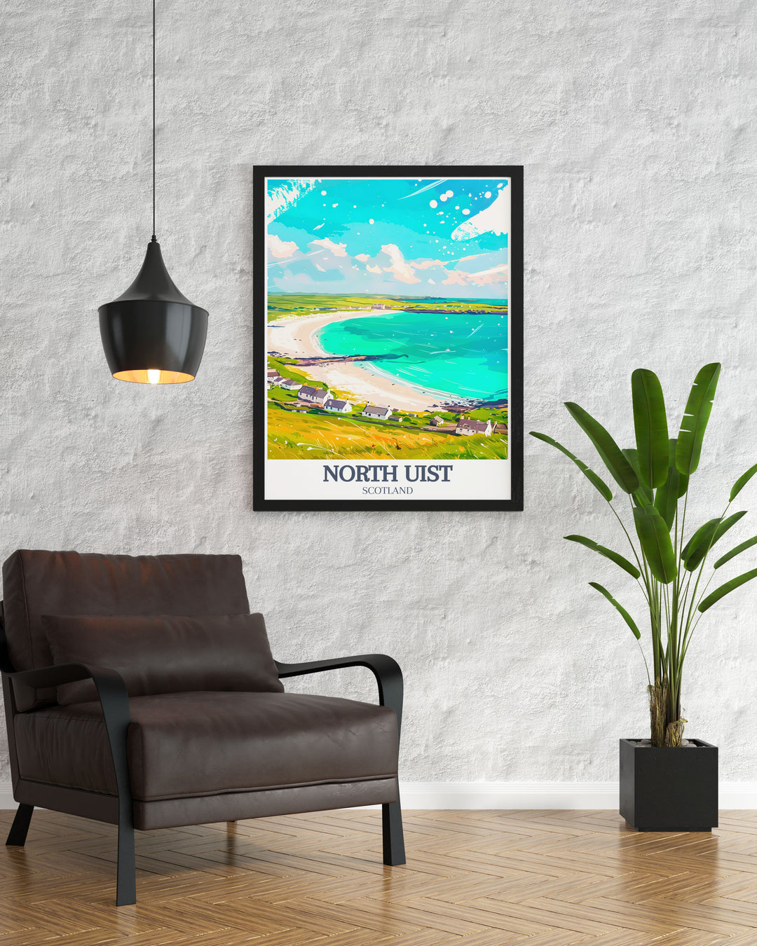 A stunning North Uist art print that highlights the towering Eaval Mountain and the serene shores of Sollas Beach. This travel print is ideal for those who love Scottish landscapes and makes a beautiful addition to any room, offering a taste of the Outer Hebrides.