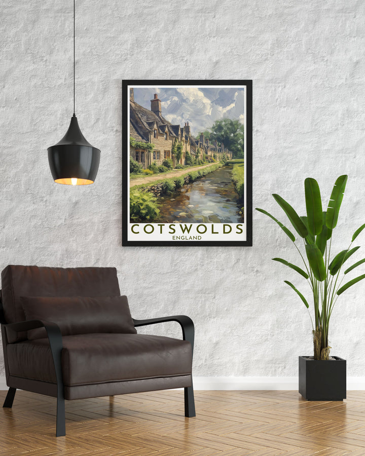 This poster artfully depicts the natural beauty of the Cotswolds and the historic charm of Arlington Row, offering a perfect blend of Englands landscapes and cultural landmarks for your decor.