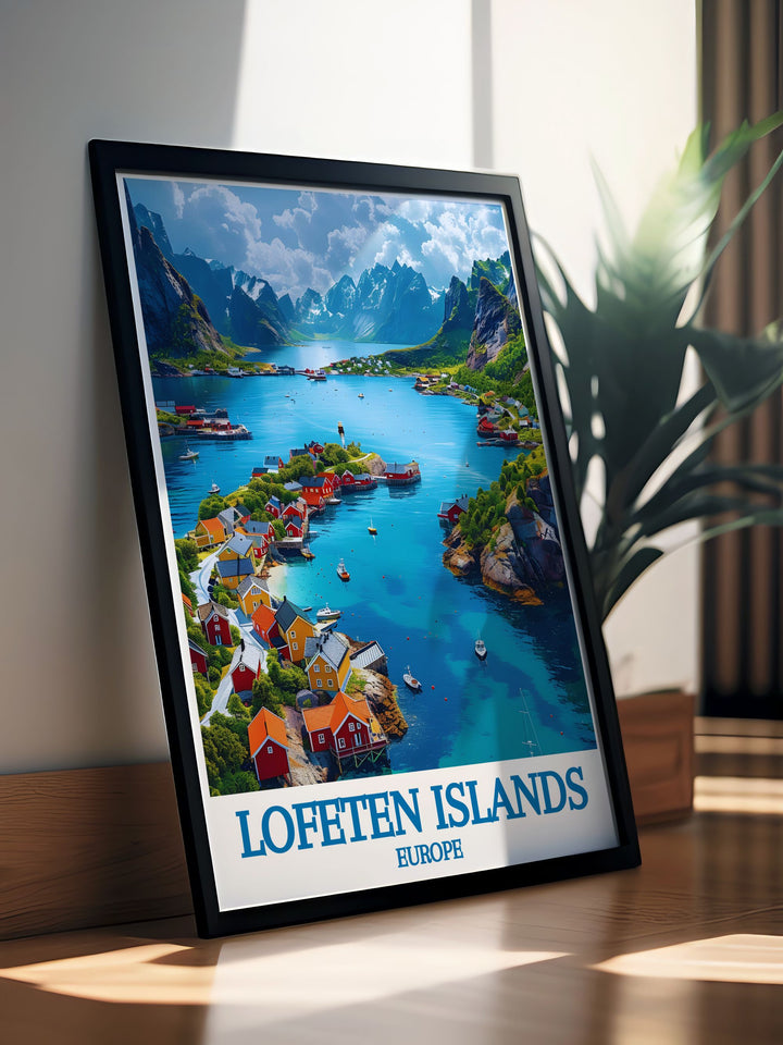 Canvas art of Henningsvær in the Lofoten Islands, Norway, featuring the panoramic views of the fishing village and the surrounding mountains. The print captures the stunning vistas and the peaceful atmosphere, offering a captivating depiction of the Norwegian coast. The intricate details and vivid colors make this canvas art a perfect addition to any home decor.