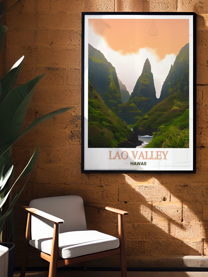 Transform your home with this vintage poster of Lao Valley, Hawaii. The artwork captures the rich greenery and peaceful ambiance of the valley, bringing a touch of natures serenity to your decor.