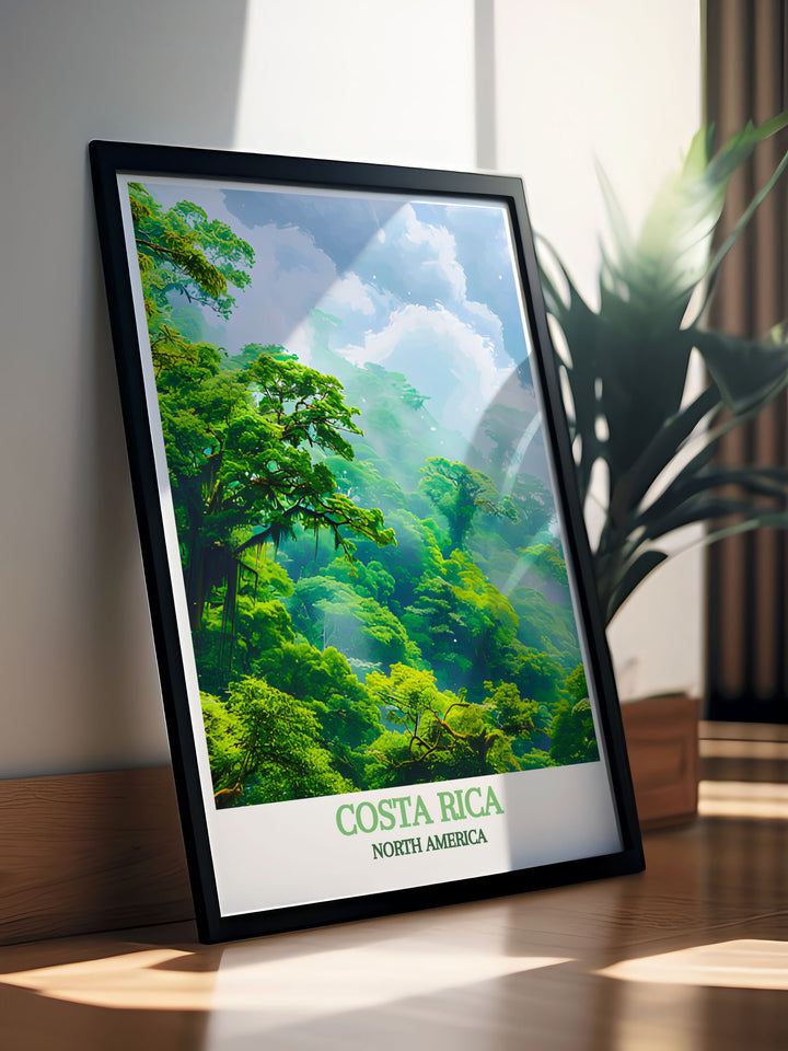 Detailed digital download of Costa Rica, featuring the magical Monteverde Cloud Forest Reserve and the picturesque beaches of Saint Teresa, ideal for any art collection or as a memorable travel keepsake.