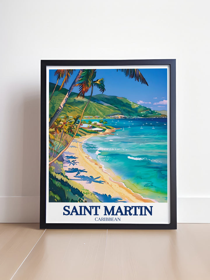 A captivating travel print of Saint Martins Anse Marcel Beach and Cul de Sac Bay, showcasing the peaceful vibe of this tropical destination. Ideal for enhancing your home with Caribbean flair or gifting to someone who appreciates island adventures.