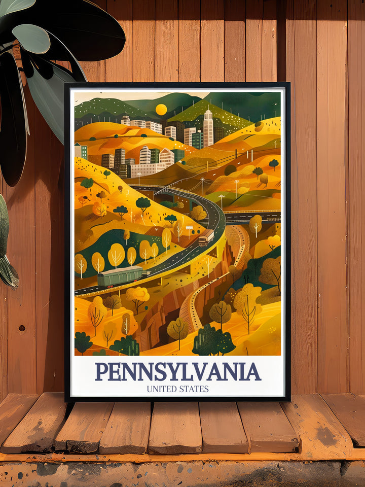 Celebrate Pennsylvanias rich history with this detailed art print of Chestnut Hill in Philadelphia and the farmlands of Lancaster. Perfect for those who admire both cityscapes and countryside, this print captures the diverse beauty of the state.