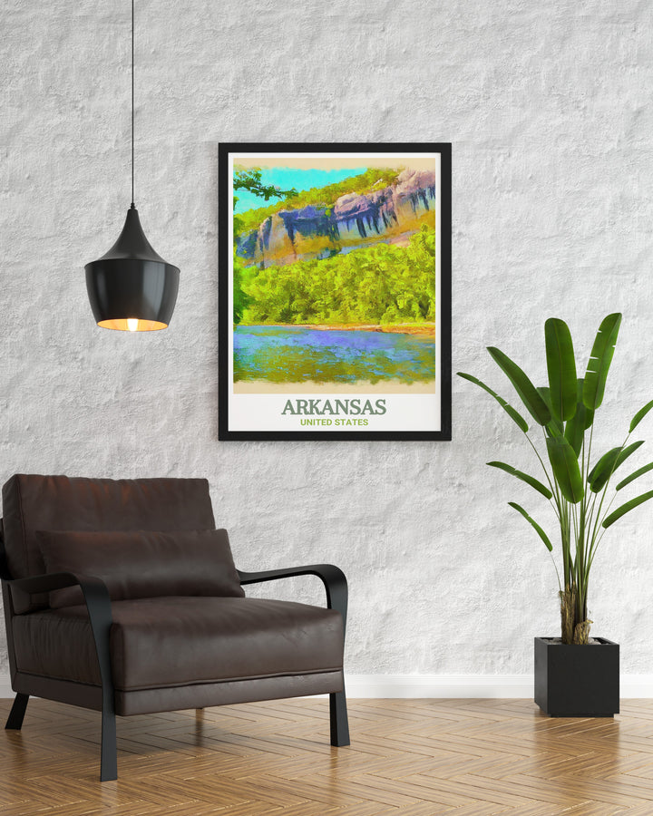 Poster of Buffalo National River in Arkansas, depicting the serene river and surrounding landscapes in vivid detail. Ideal for adding a touch of rustic elegance to your home decor, this print is a timeless piece of art.