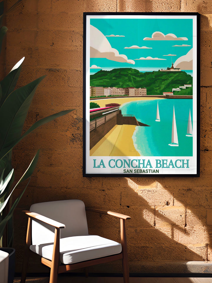 A travel print featuring La Concha Beach and the sweeping views from Monte Igueldo in San Sebastián, Spain. The combination of coastal serenity and mountaintop adventure makes this poster a perfect addition to any travel lovers collection.