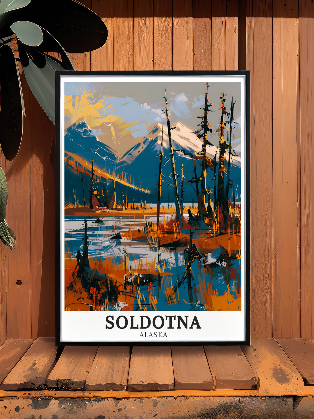 Captivating Soldotna art print depicting the expansive Kenai Peninsula and the dense boreal forest. The print reflects the wild beauty and tranquility of Alaska, making it a timeless addition to any art collection