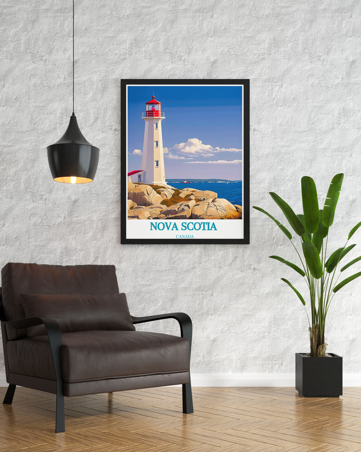 Peggys Cove modern print highlighting the scenic charm of Nova Scotia. This artwork captures the essence of Canadas coastal beauty and is a great addition to home decor as well as a thoughtful gift for art enthusiasts.