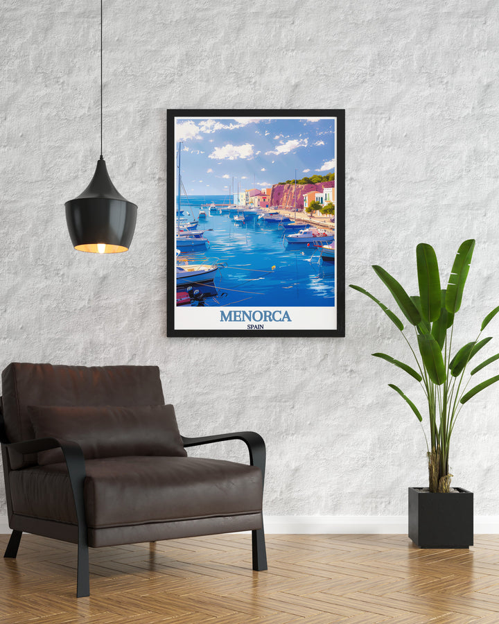 Mahon Harbor stunning print featuring the picturesque view of Menorcas harbor capturing its clear waters and lively atmosphere ideal for Spain wall art and elegant home decor adding a touch of Mediterranean charm to any room.