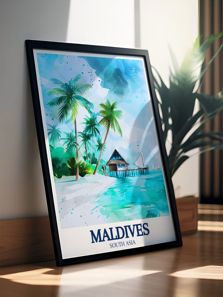 Maldives Beach Wall Art showcasing the soft sands and clear waters of the Indian Ocean at Hanifaru Bay. This wall art is perfect for those who appreciate the beauty of the Maldives and want to bring a piece of this paradise into their home decor.