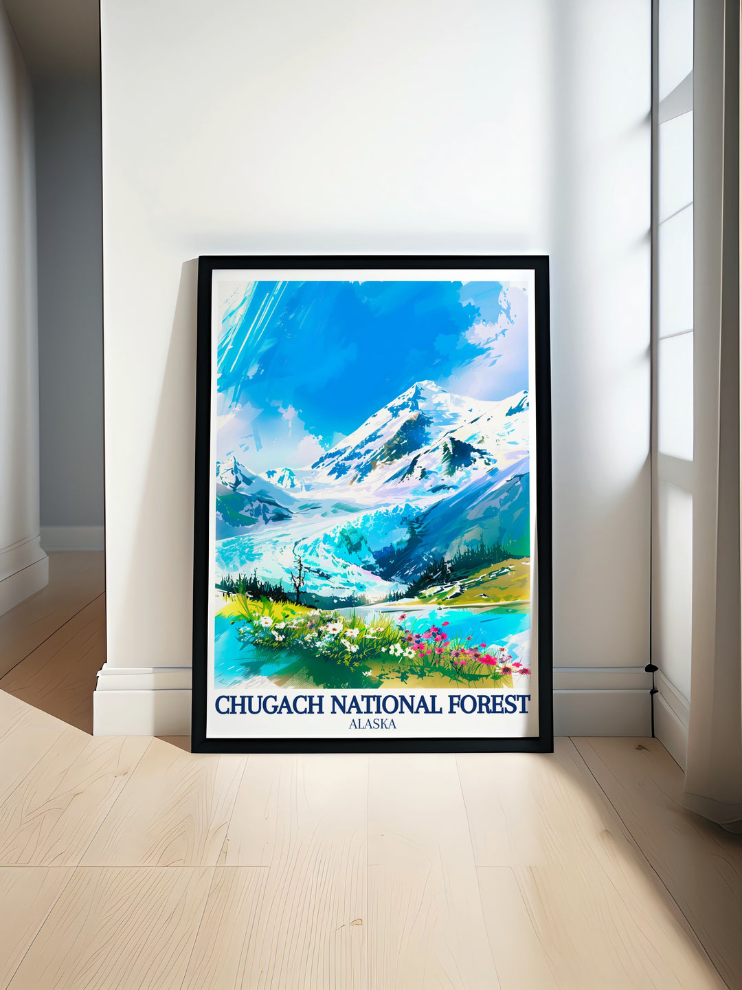 Bring the stunning Holgate Glacier and Kenai Fjords into your home with this vibrant Alaska art print. The Chugach National Forest and its natural beauty are captured in vivid detail, making this poster a great addition to any decor.