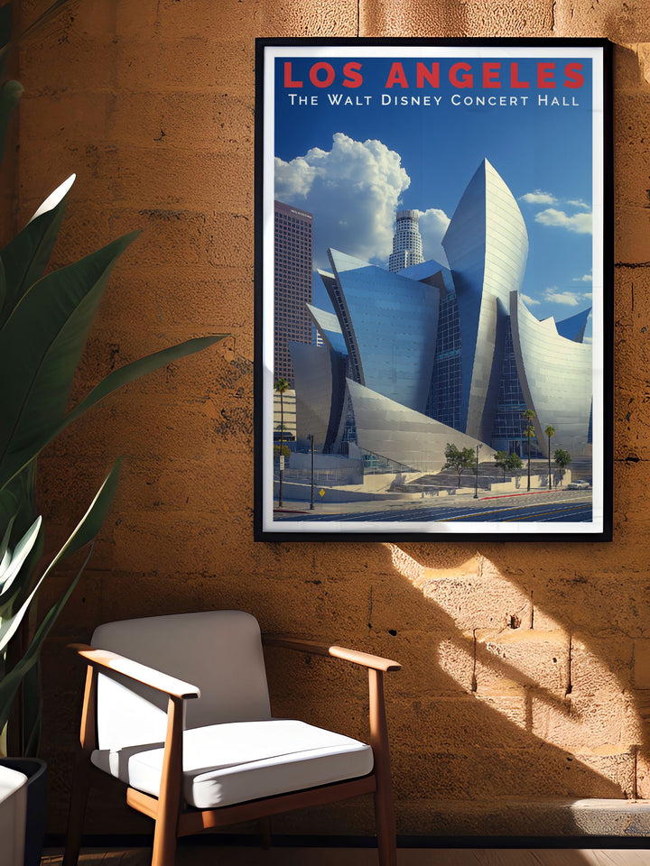Experience the architectural brilliance of the Walt Disney Concert Hall with this detailed poster, capturing its modern design and artistic significance, perfect for adding a touch of sophistication to your home.