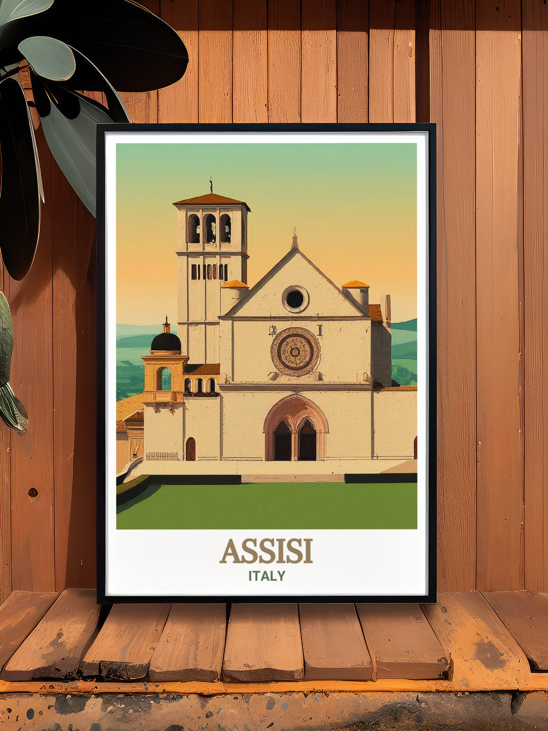 Elegant Italy wall decor showcasing the Basilica of Saint Francis of Assisi in Assisi. This travel print offers a detailed portrayal of the basilicas architectural beauty and spiritual significance, making it a cherished gift for those who love Italy and its cultural heritage