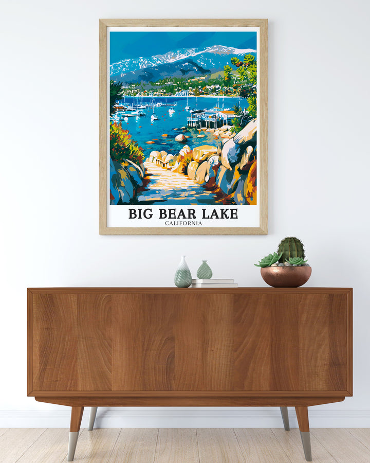 Vintage poster of Big Bear Marina offering a timeless depiction of this bustling gateway to adventure on the lake ideal for those who love classic art with a modern twist