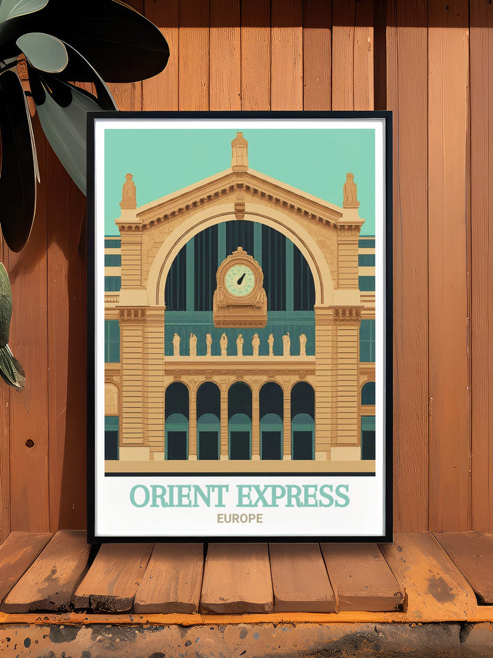 Immerse yourself in the luxurious world of the Orient Express through this travel print, highlighting the trains elegant interiors and the scenic landscapes it journeyed through. This piece adds a touch of vintage charm and sophistication to your home, ideal for those who appreciate the golden age of travel.