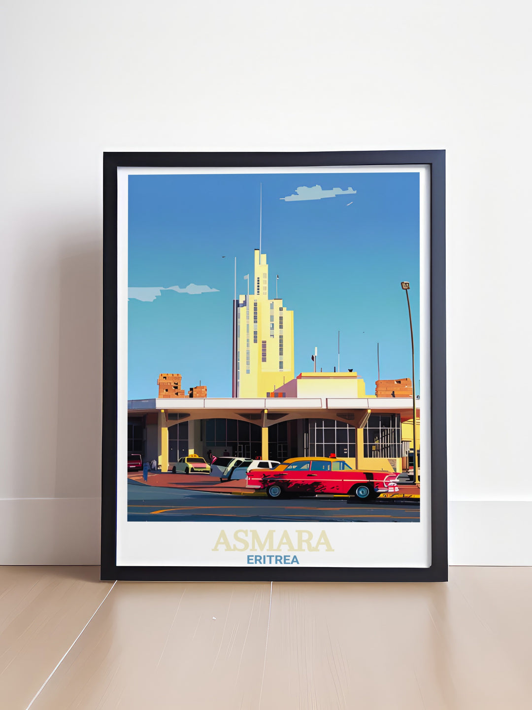 Elegant vintage print of Fiat Tagliero Building set against Asmara cityscape, perfect for adding a touch of history and style to any room.