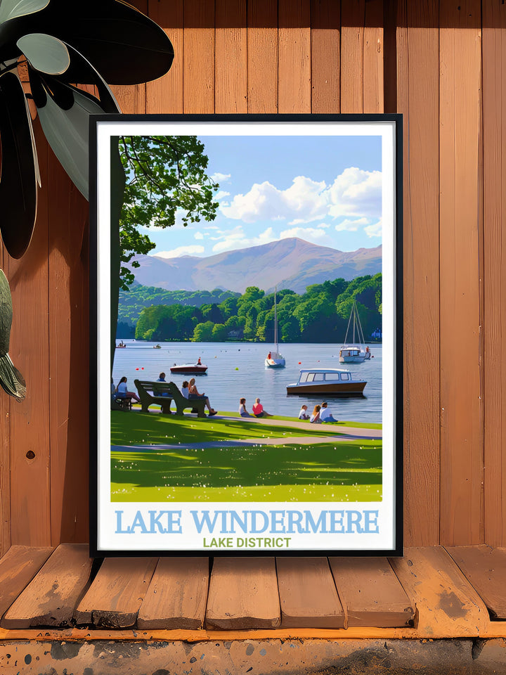 Fell Foot Park Art Print captures the expansive views of Lake Windermere and the surrounding landscape. This travel poster brings the peaceful beauty of Cumbrias Lake District into your home, offering a timeless and elegant touch to any rooms decor.