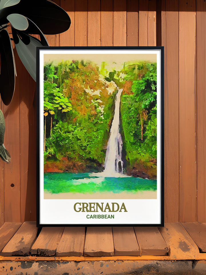 Scenic poster of Annandale Falls in Grenada, featuring detailed illustrations and vibrant colors. Perfect for enhancing your living space with the natural beauty of Grenada.