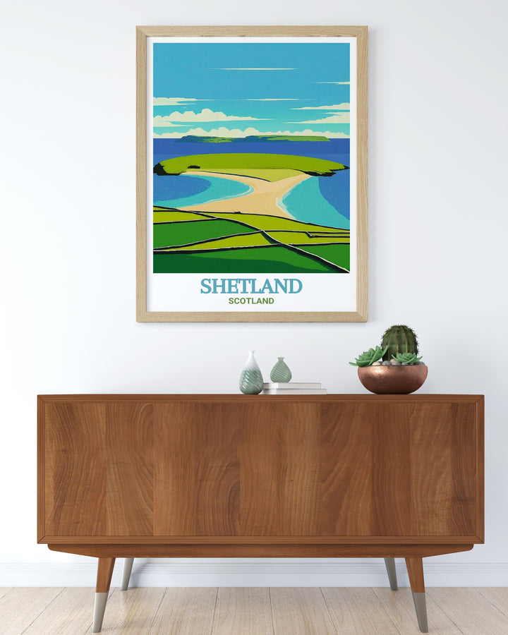 Vintage Poster of St Ninians Isle, highlighting the unique sand tombolo and the peaceful landscape of the Shetland Islands. This poster is perfect for those who appreciate the combination of history and natural beauty, making it a wonderful addition to any collection of vintage travel art or Scottish decor.