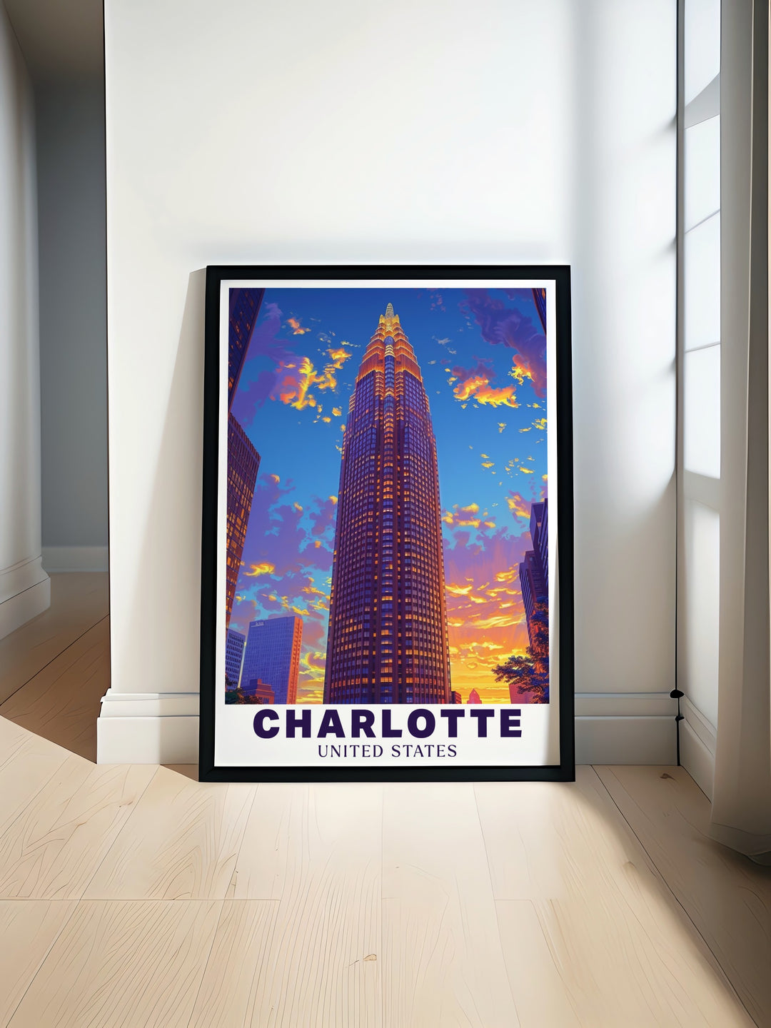 This travel print of Charlotte features the iconic Bank of America Corporate Center alongside the citys distinctive skyline. Perfect for art lovers and travel enthusiasts, this poster adds a touch of elegance to any room. Its bold colors and striking lines make it an ideal addition to your home or office, reflecting the vibrant energy of Charlotte.