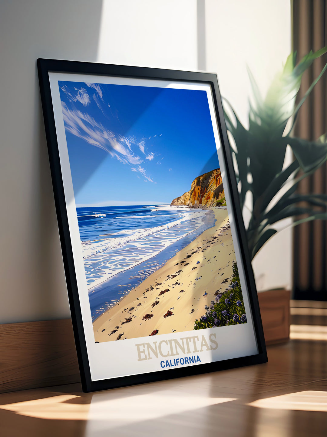 Encinitas wall art brings to life the vibrant beach culture and stunning landscapes of California, featuring the picturesque Swamis Beach. This travel poster is perfect for decorating any room or as a personalized gift for those who love the sea and sun.