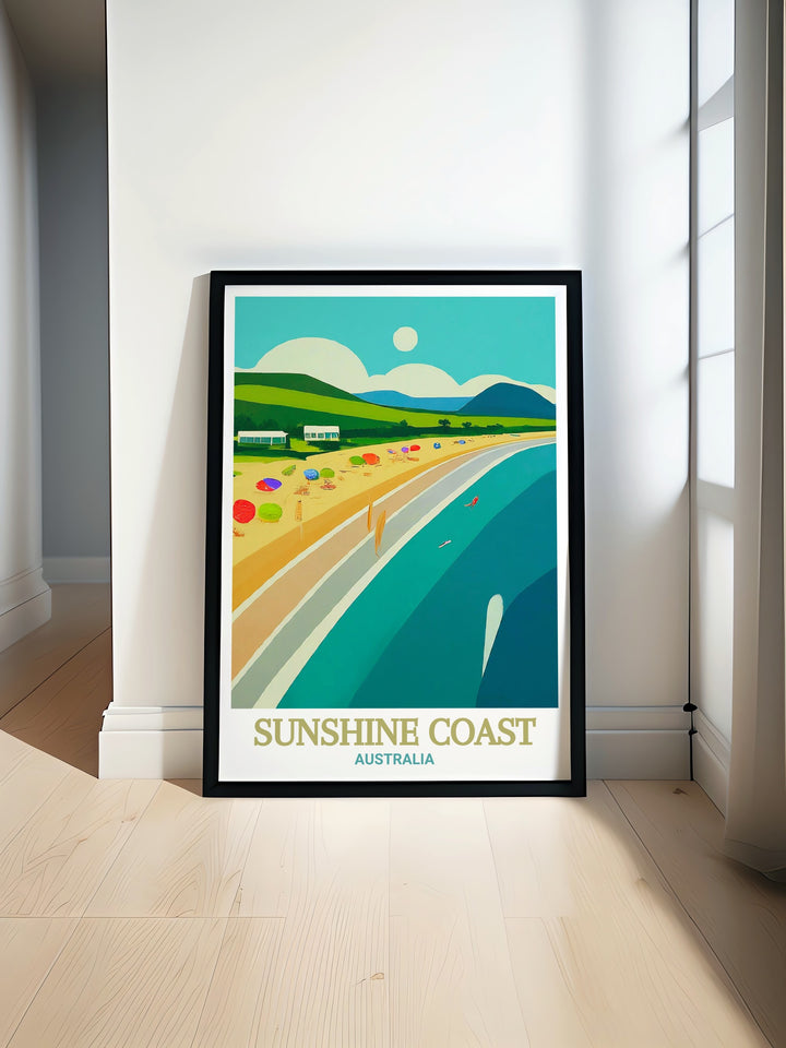 Mooloolaba Beach on Australias Sunshine Coast is beautifully depicted in this travel poster. Whether as a personal memento or a gift for someone special, this Australia travel print adds charm and elegance to any room.