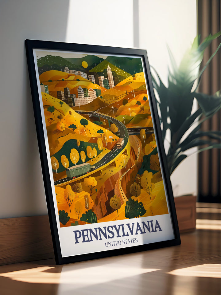 A beautiful depiction of Pennsylvania, this poster print captures the iconic streets of Philadelphias Chestnut Hill alongside the scenic beauty of Lancaster. Ideal for anyone who loves Pennsylvania, this travel print brings a touch of the Keystone State to your home decor.