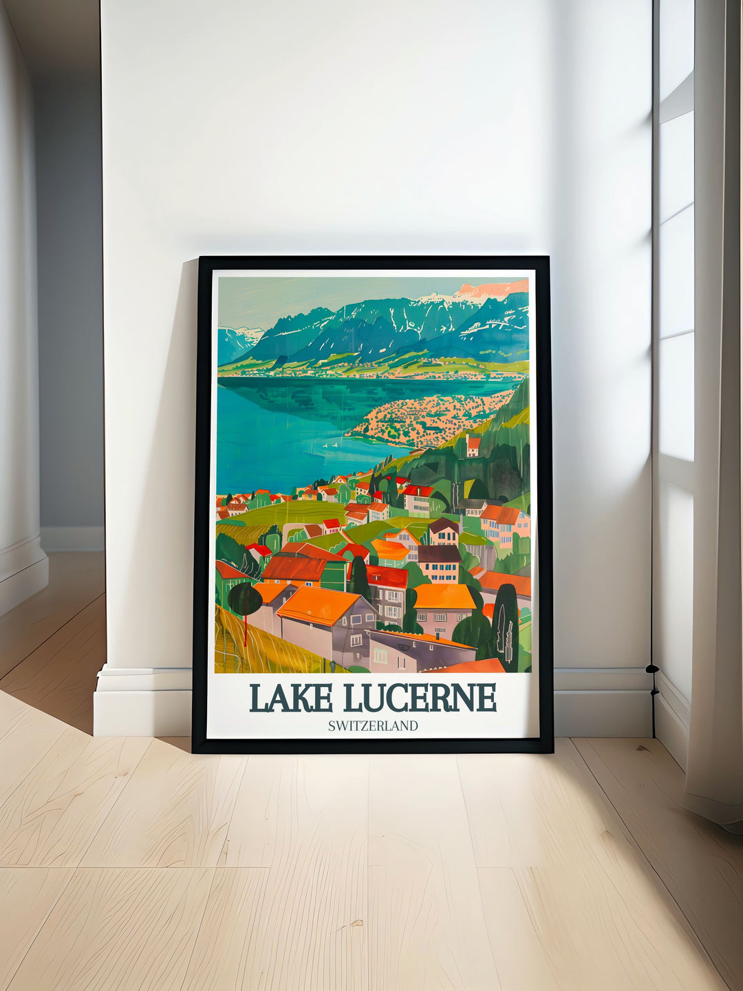 Lake Lucerne poster print featuring Lucerne Old Town and Swiss Alps offers a stunning view of Switzerlands beauty. This Switzerland print captures the historic charm of Lucerne with the breathtaking backdrop of the Swiss Alps making it ideal for home decor.