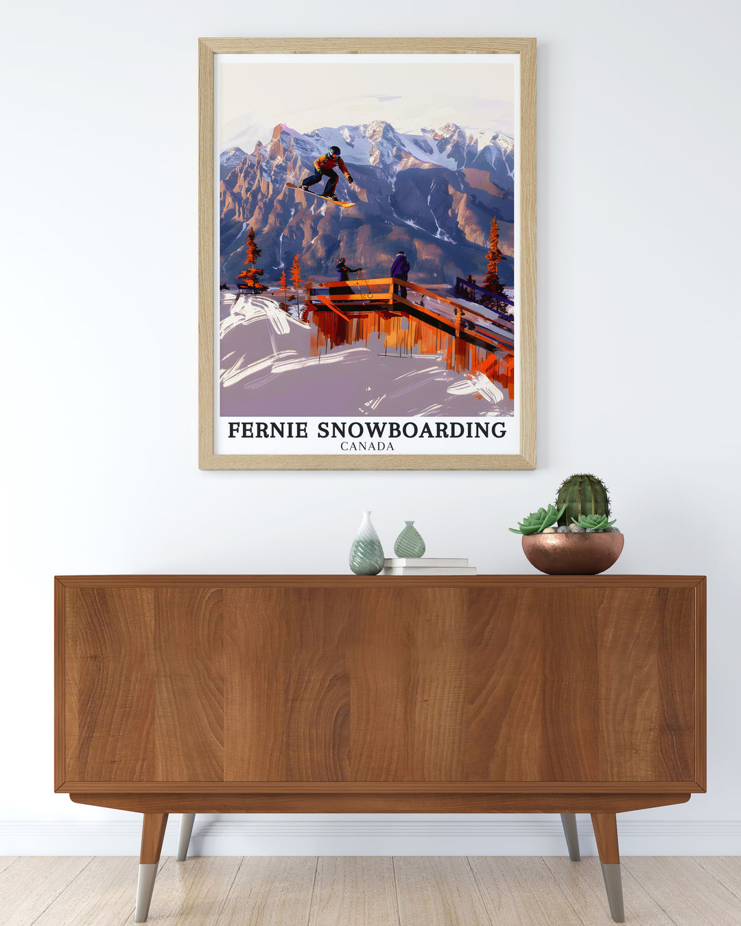 Fernie snowboarding wall decor featuring the adrenaline pumping slopes of Fernie Alpine Resort. This travel poster is a vibrant tribute to the joy of winter sports and the stunning scenery of British Columbia.