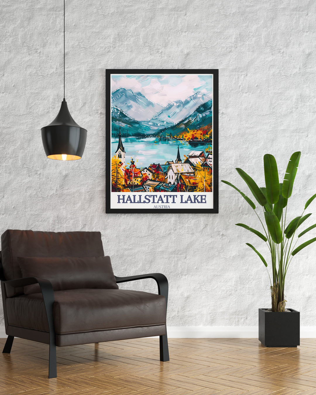 Our Hallstatt poster showcases the calm waters of Hallstatt Lake, framed by the breathtaking Dachstein mountains. The Hallstatt Lutheran Church adds a touch of history to this stunning landscape, making it a beautiful addition to any travel themed room.