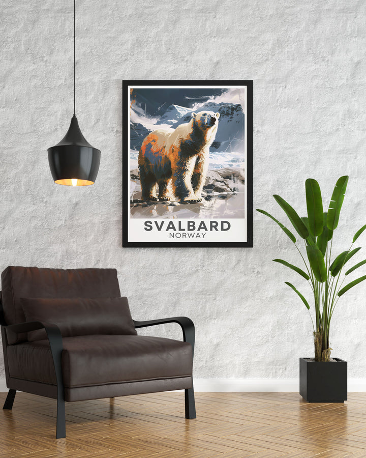 Modern Polar Bears framed prints designed to enhance any living room decor. This Svalbard artwork captures the Arctics serene beauty and makes a unique gift for nature and art lovers.