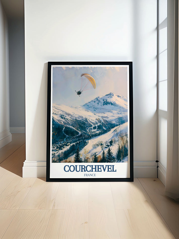 This artistic poster captures the luxurious ambiance of Courchevel and the majestic beauty of La Saulire, perfect for adding a touch of alpine elegance to your decor.