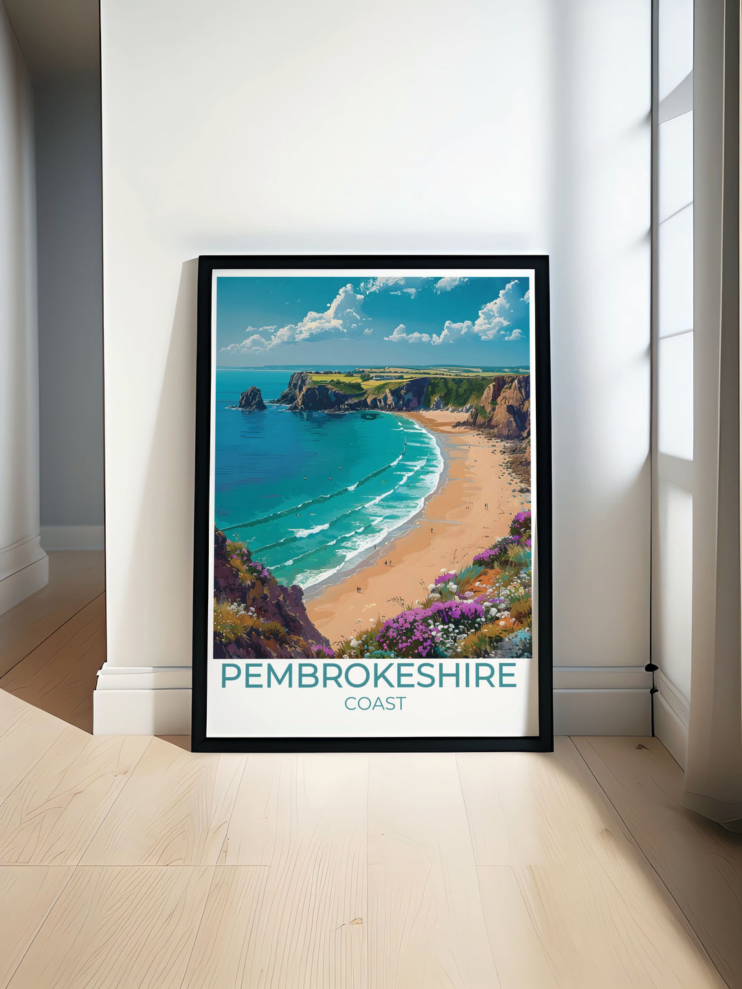 Barafundle Bay travel poster featuring the stunning Pembrokeshire Coast with vibrant colors and intricate details perfect for adding a touch of Welsh beauty to your home decor or as a unique gift for nature and travel enthusiasts who love the coast.