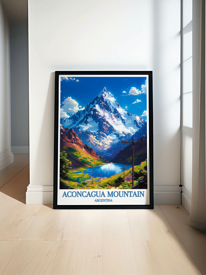 This vintage travel print features Aconcagua Mountain in Mendoza Argentina capturing the beauty of the Andes Mountain Range perfect for adding adventure to your home decor.