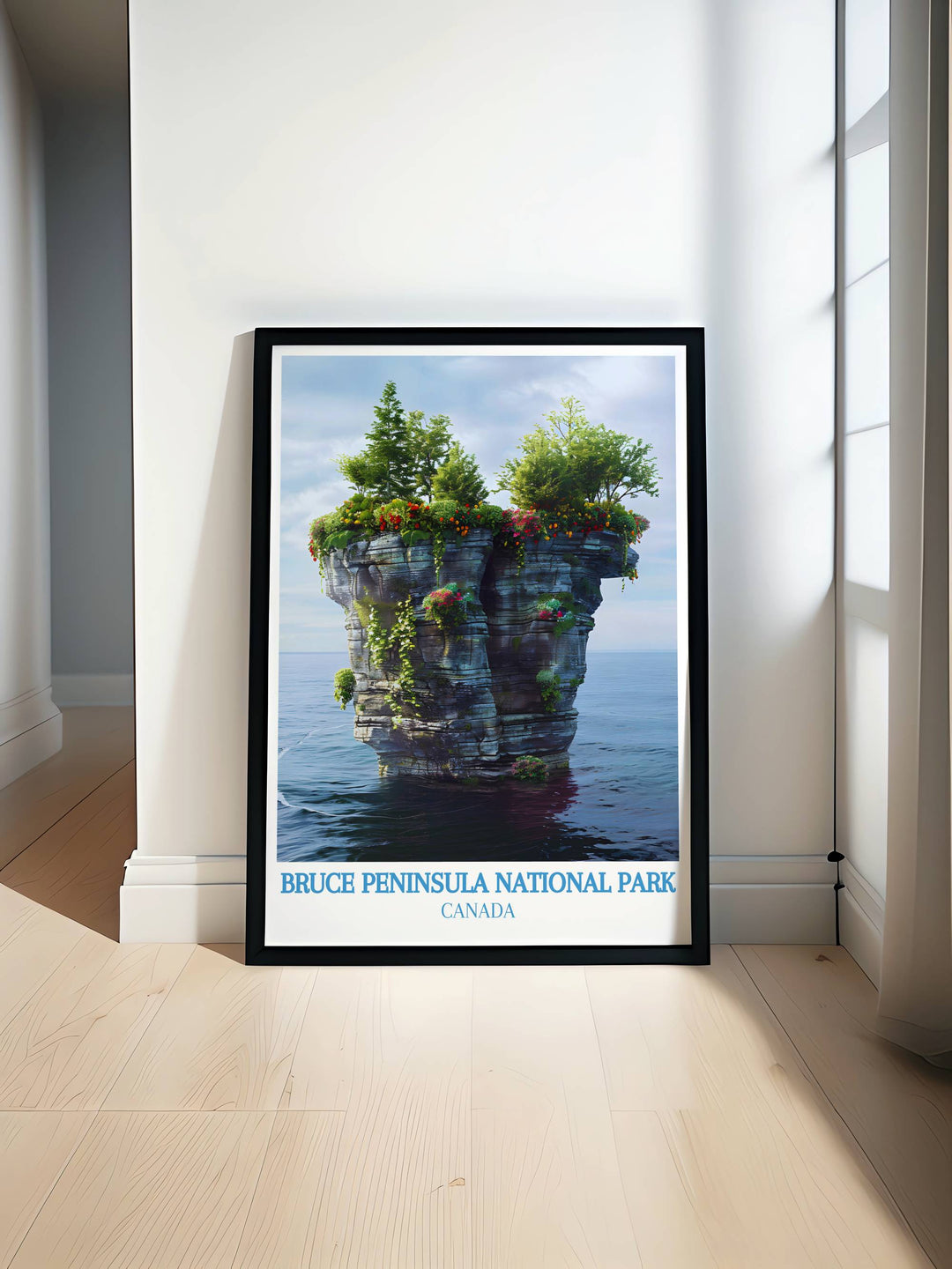 The Flowerpot Island Travel Print showcasing the natural beauty of Bruce Peninsula National Park with its unique flowerpot shaped rock formations and crystal clear waters perfect for nature lovers and travel enthusiasts