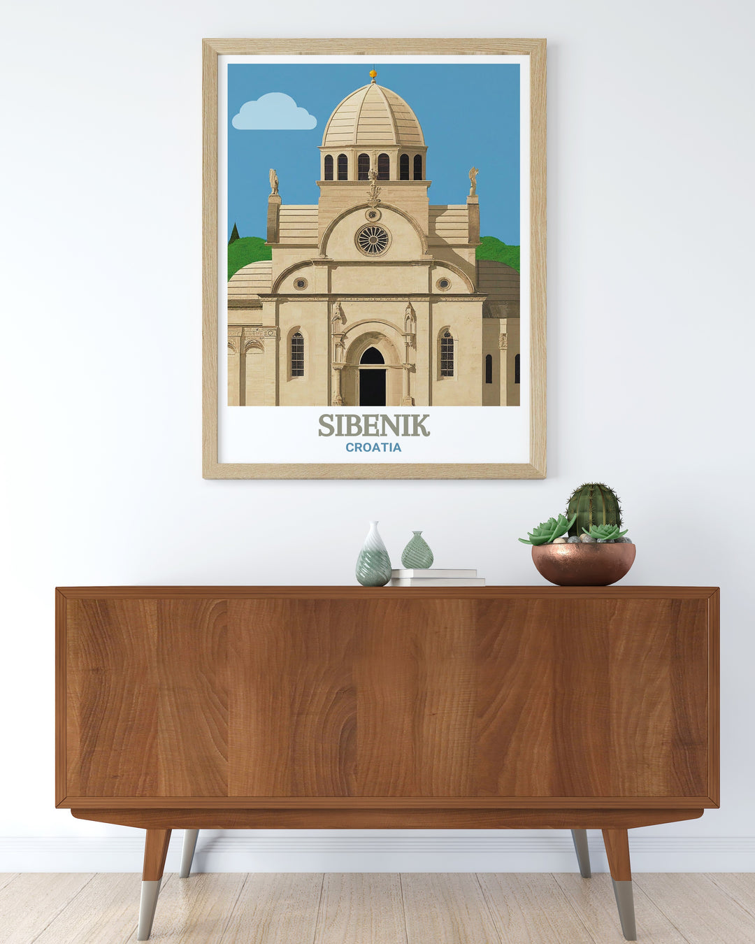 Framed art of Sibenik, Croatia, featuring the renowned St. James Cathedral, known for its all stone construction and Renaissance design. This detailed artwork celebrates the cultural and architectural richness of Croatia, offering a beautiful addition to any art collection.