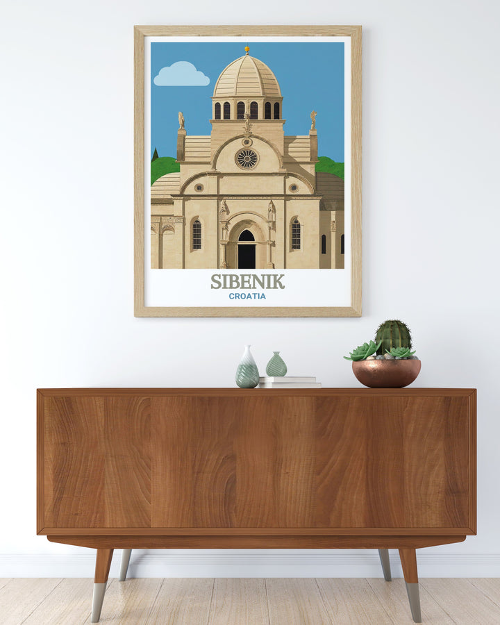 Framed art of Sibenik, Croatia, featuring the renowned St. James Cathedral, known for its all stone construction and Renaissance design. This detailed artwork celebrates the cultural and architectural richness of Croatia, offering a beautiful addition to any art collection.