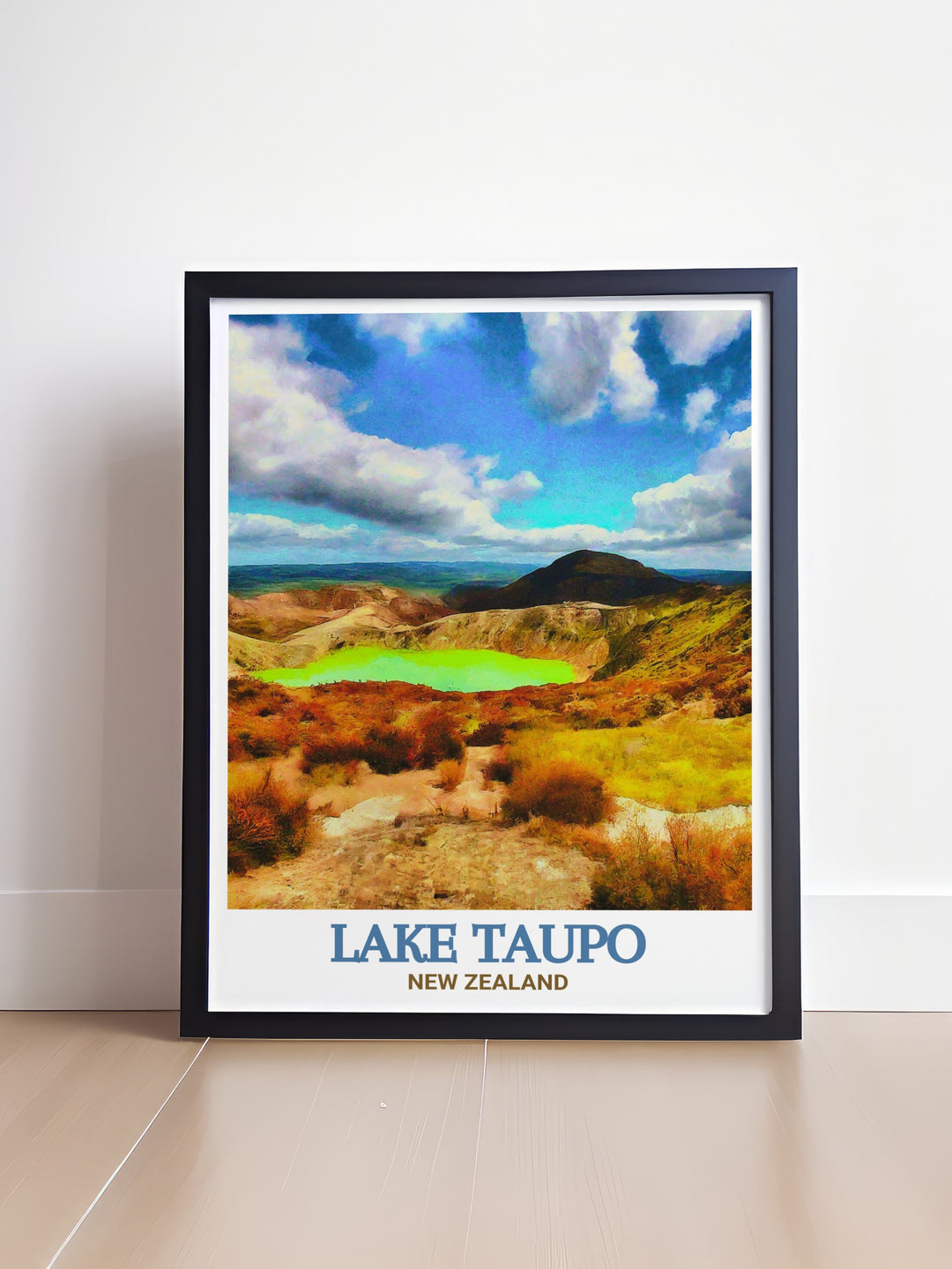 New Zealand Travel Poster offering a stunning collage of Lake Taupos peaceful waters and the rugged landscapes of Tongariro National Park, showcasing the breathtaking diversity of New Zealands natural wonders. This travel poster is perfect for inspiring adventure and a deep appreciation for natures artistry.