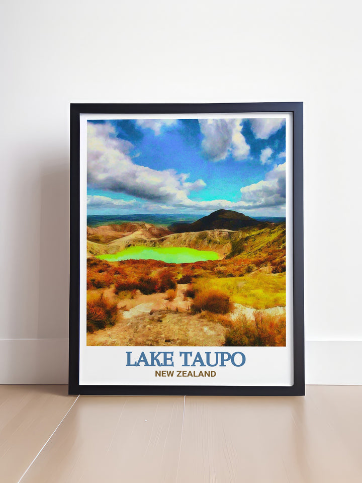 New Zealand Travel Poster offering a stunning collage of Lake Taupos peaceful waters and the rugged landscapes of Tongariro National Park, showcasing the breathtaking diversity of New Zealands natural wonders. This travel poster is perfect for inspiring adventure and a deep appreciation for natures artistry.