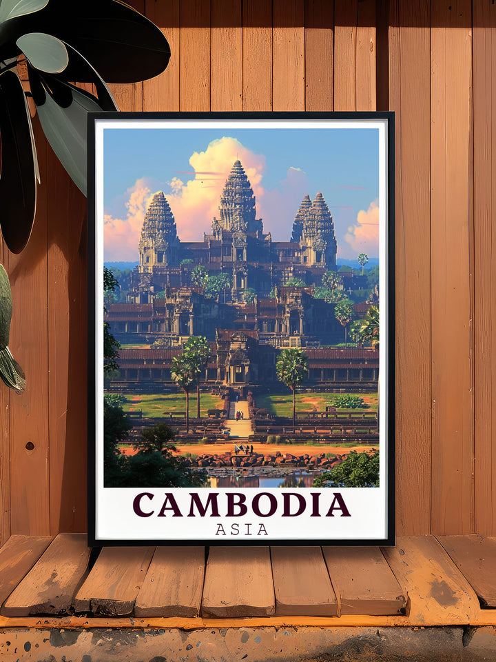 Stunning Cambodia art print featuring Angkor Wat in a detailed and captivating design perfect for adding a touch of history to your home decor.