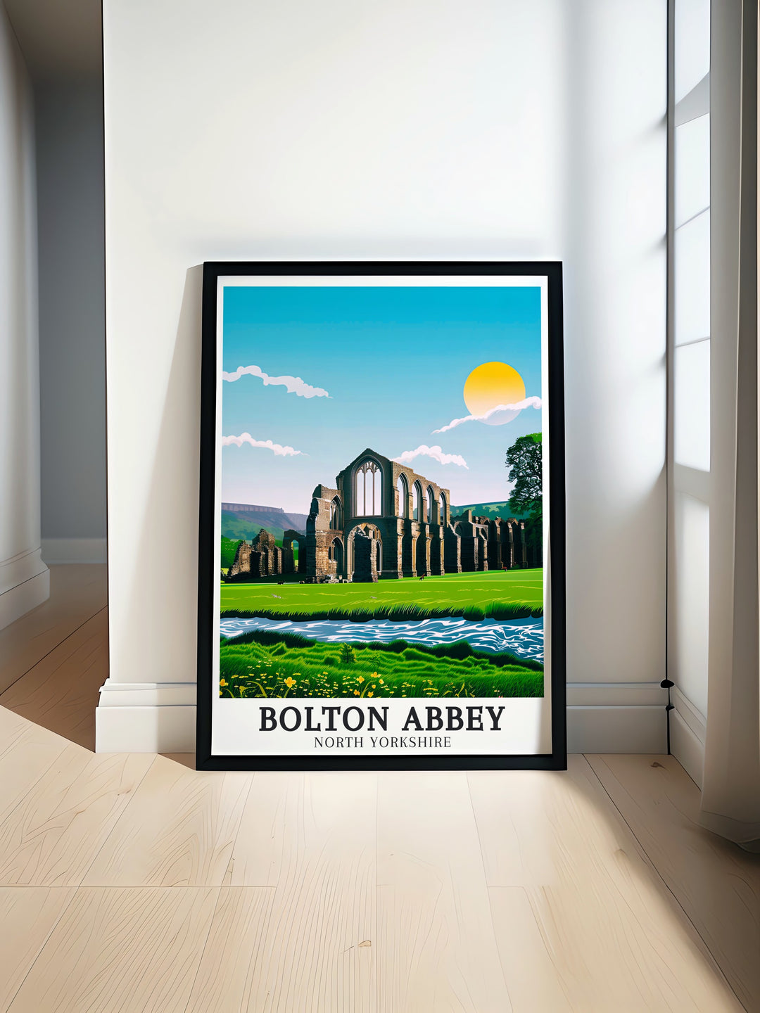 Capture the essence of Yorkshires history with this vintage poster of Bolton Priory and the River Wharfe. The detailed artwork brings the ancient ruins and serene landscapes to life, making it an ideal choice for those who appreciate Englands rich cultural heritage